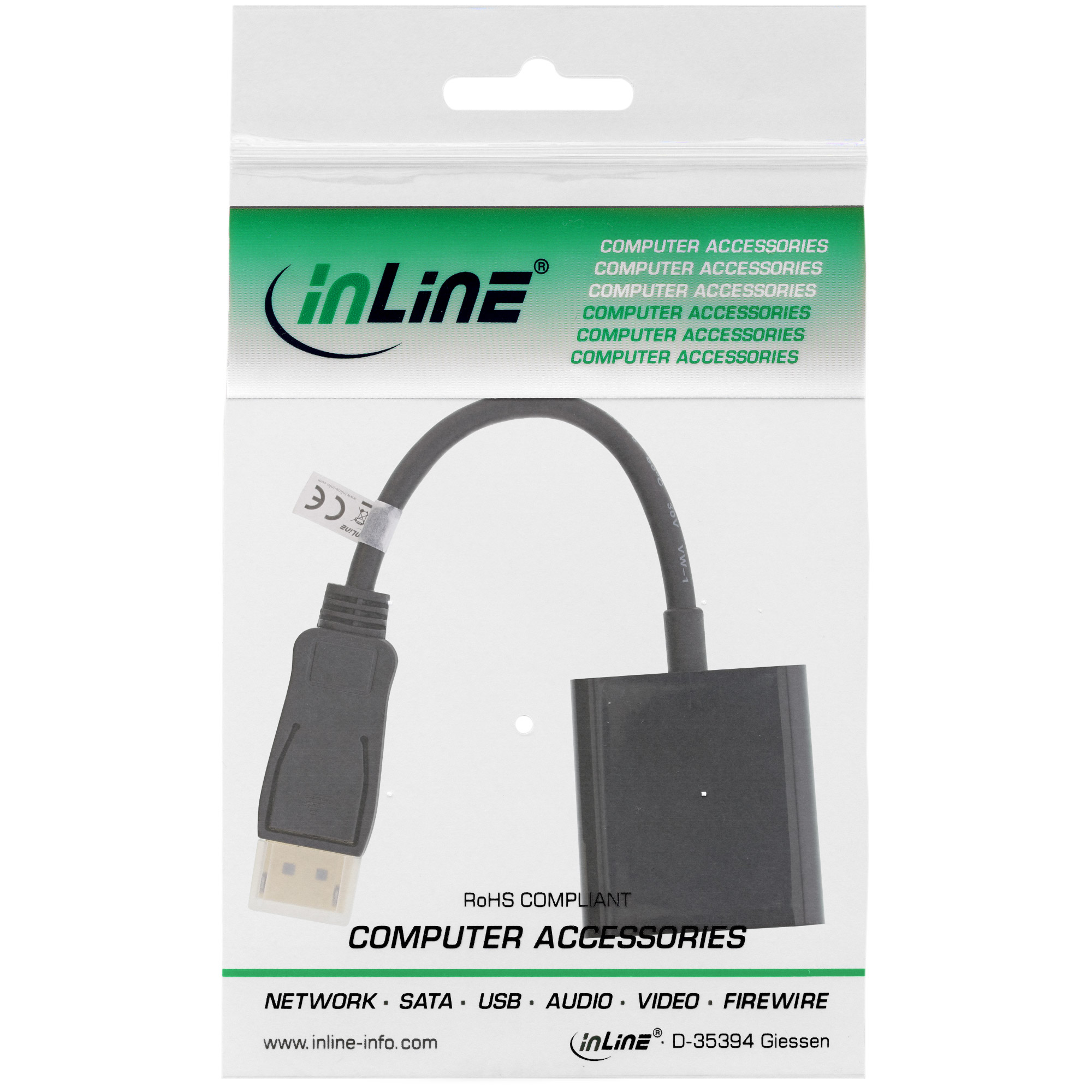 InLine® DisplayPort Adapterkabel, DisplayPort Stecker auf DVI-D 24+1 Buchse schwarz, 0,15m