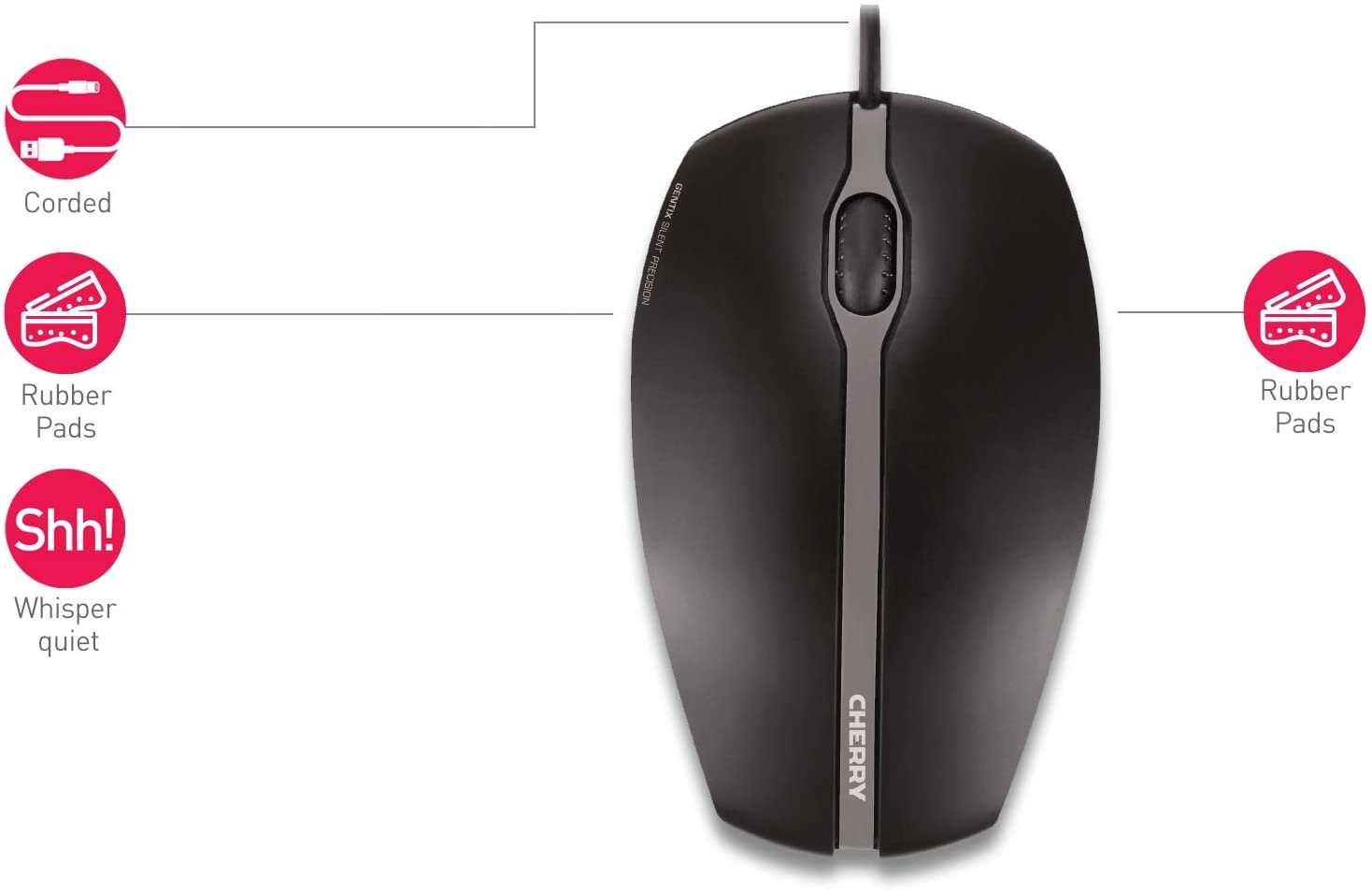 CHERRY GENTIX SILENT, kabelgebundene Maus, leise Design-Maus ohne Klick, perfekte Ergonomie, schwarz
