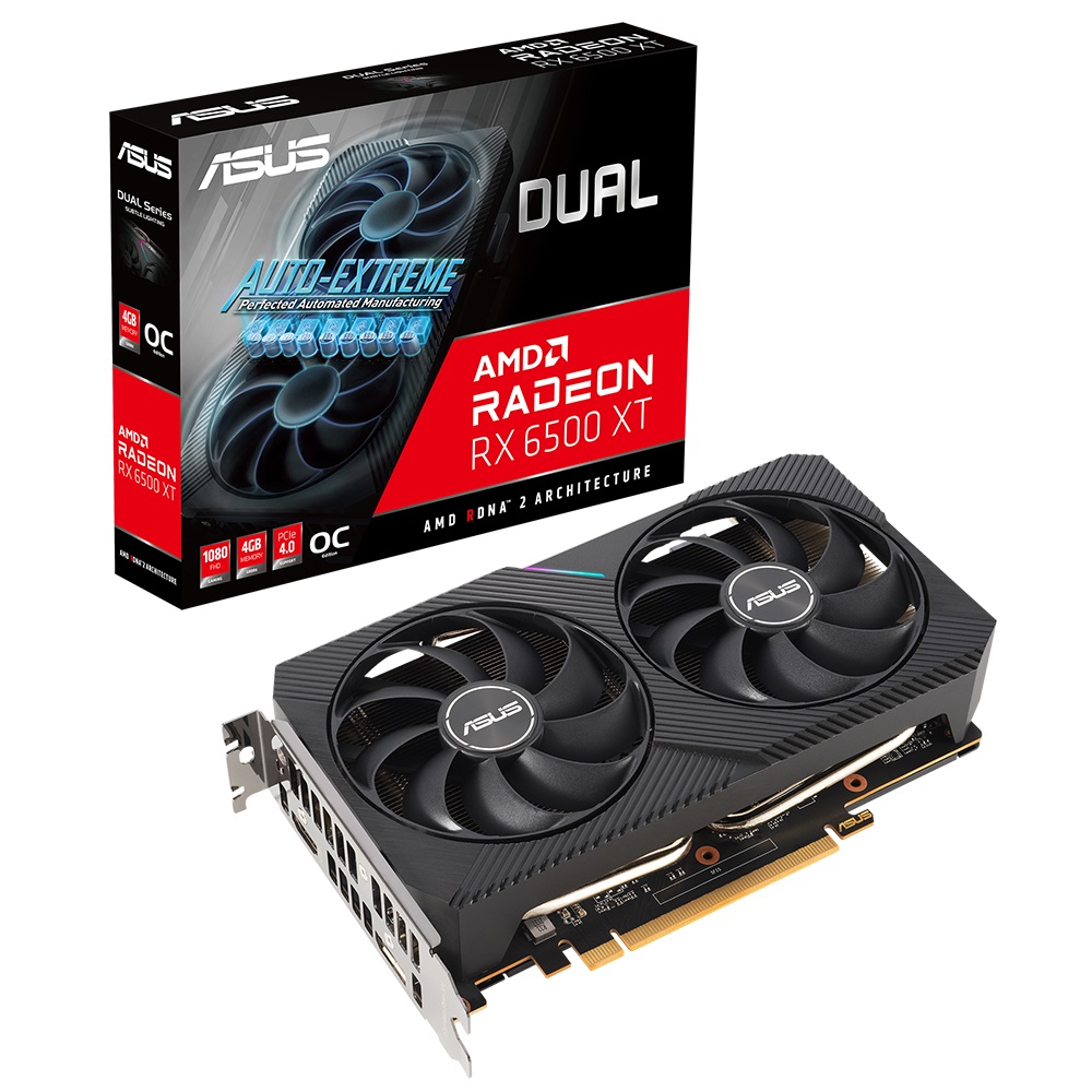 Grafikkarte ASUS Dual AMD Radeon RX 6500 XT OC Edition (4GB GDDR6, PCIe 4.0, 1x HDMI 2.1, 1x DisplayPort 1.4a)