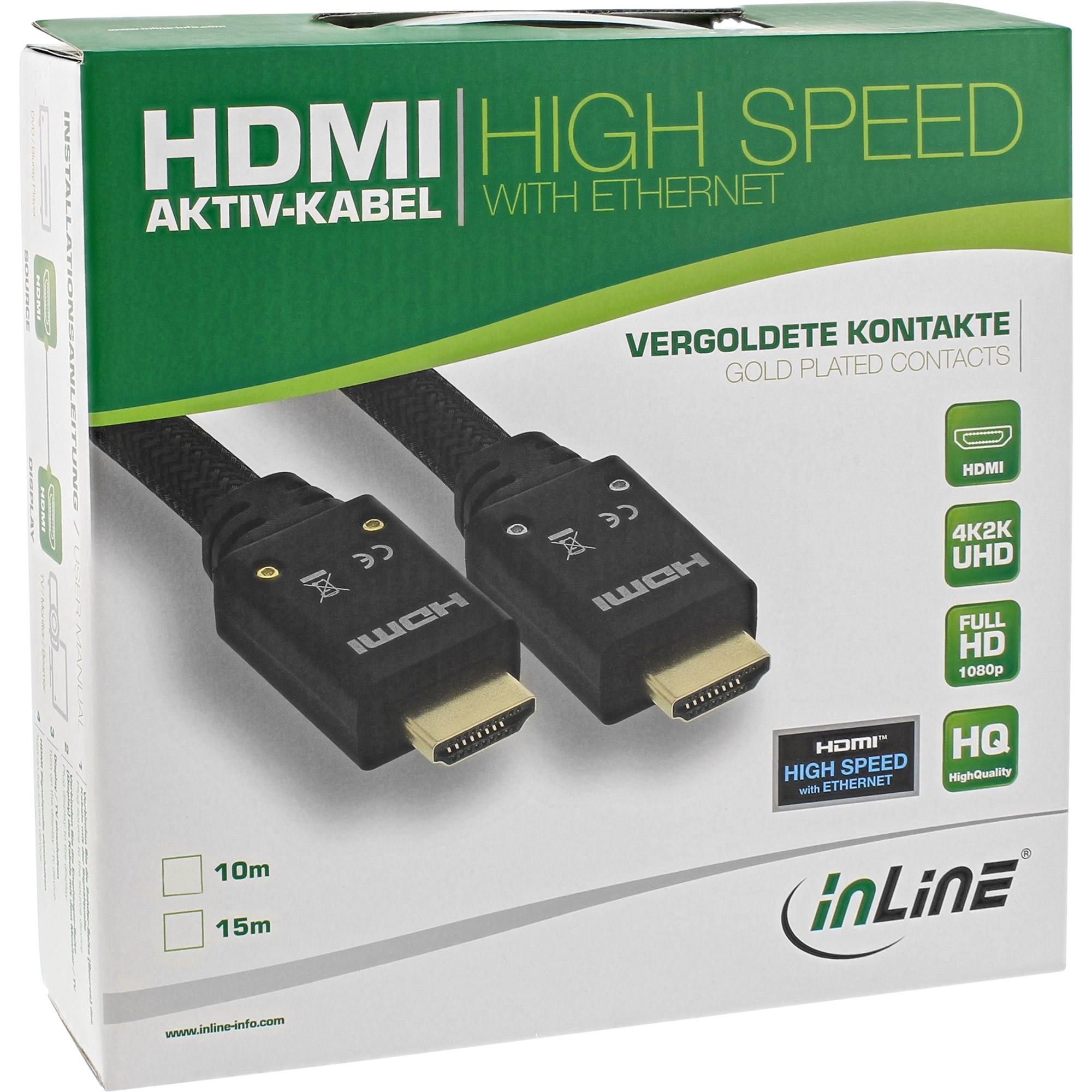 InLine® HDMI Aktiv-Kabel, HDMI-High Speed mit Ethernet, 4K2K, Stecker / Stecker, schwarz / gold, Nylon Geflecht Mantel 10m