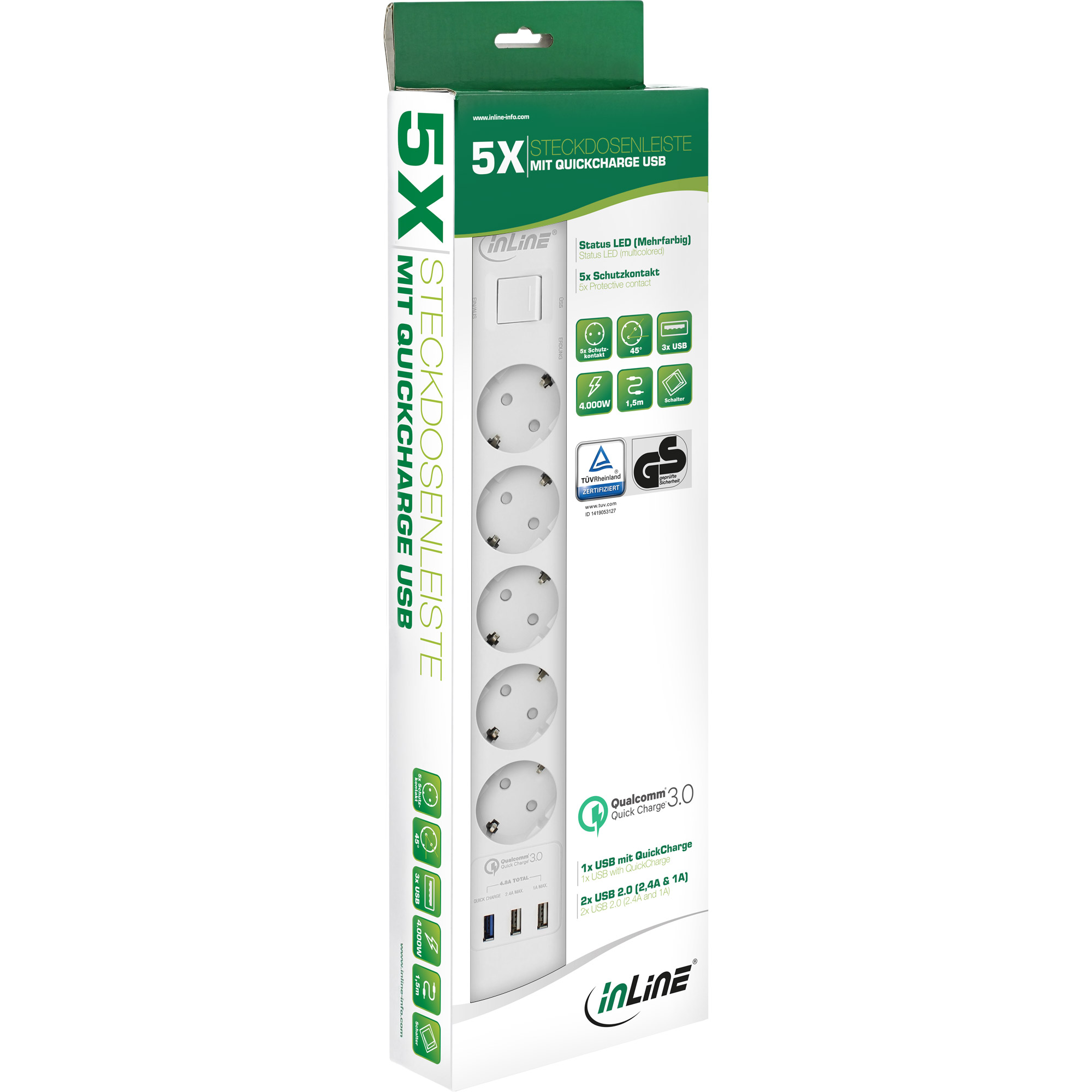 InLine® Steckdosenleiste, 5-fach Schutzkontakt, Überspannungsschutz und QuickCharge USB, mit Schalter, 1,5m, weiß
