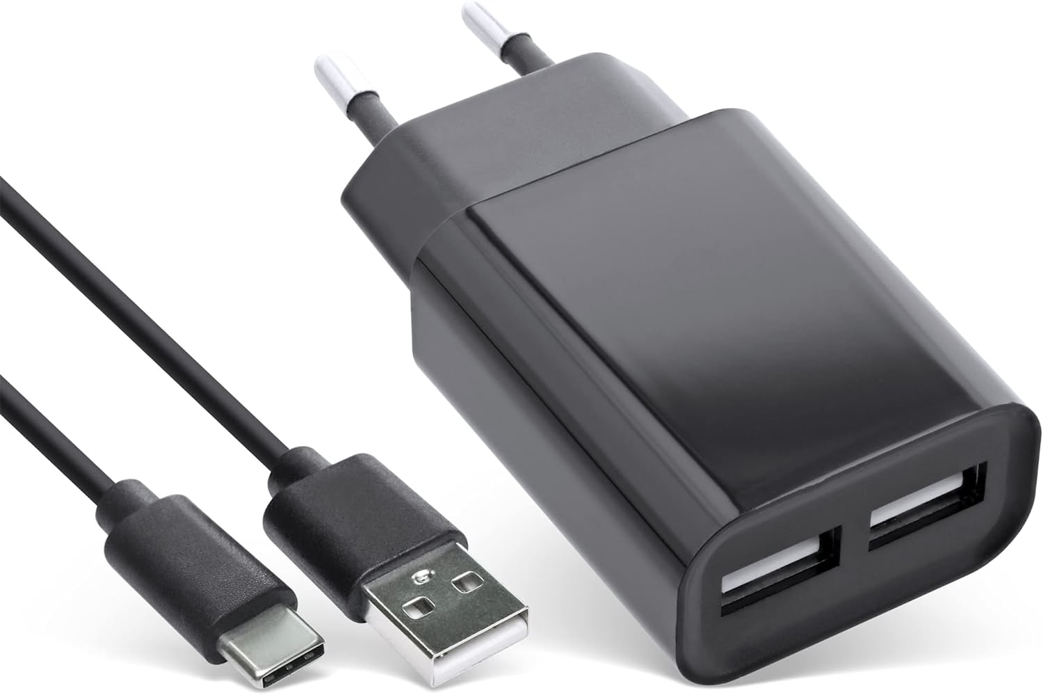 InLine® USB DUO+ Ladeset, Netzteil 2-fach + USB Typ-C Kabel, Ladegerät, Stromadapter, 100-240V zu 5V/2.1A, schwarz