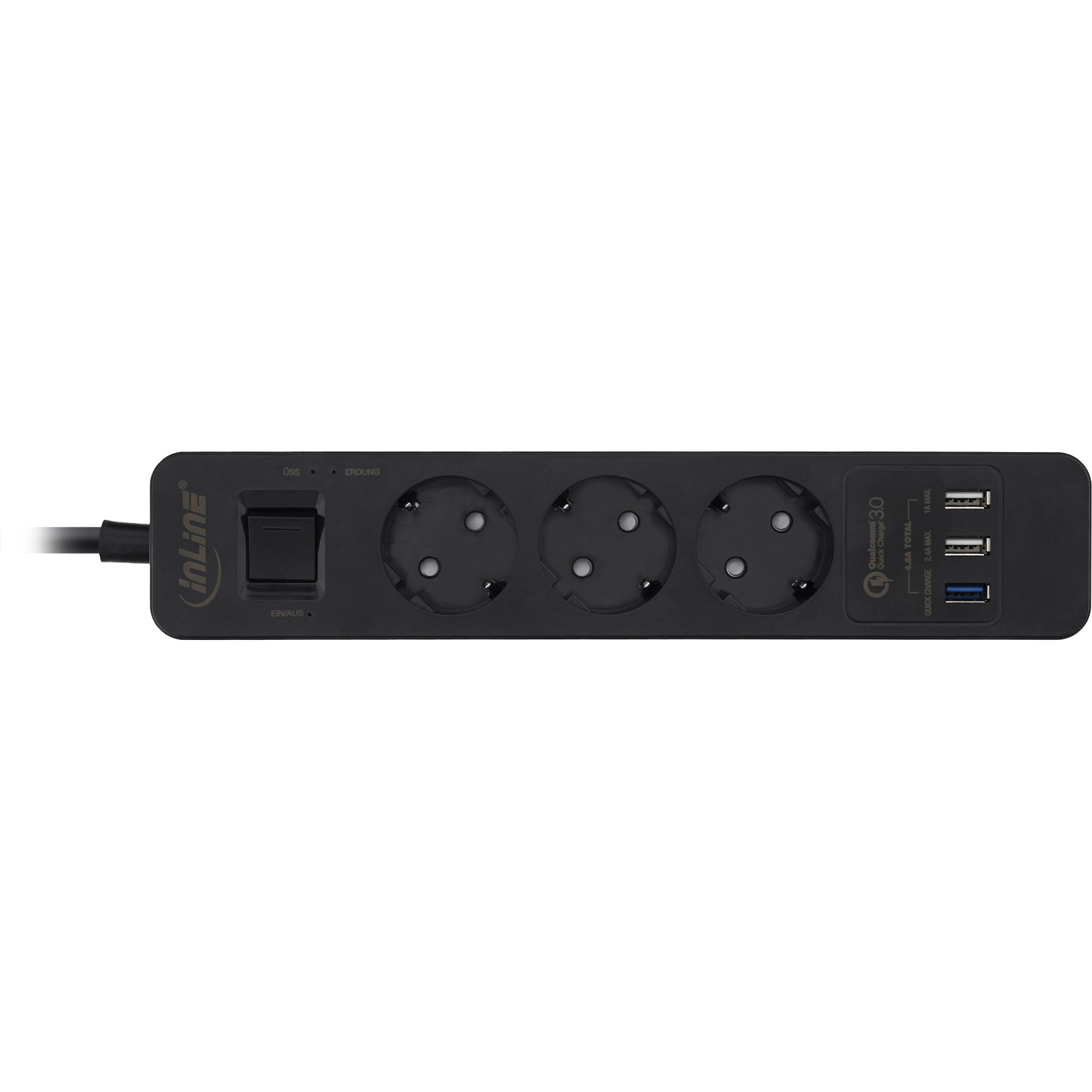 InLine® Steckdosenleiste, 3-fach Schutzkontakt, Überspannungsschutz und QuickCharge USB, mit Schalter, 1,5m, schwarz