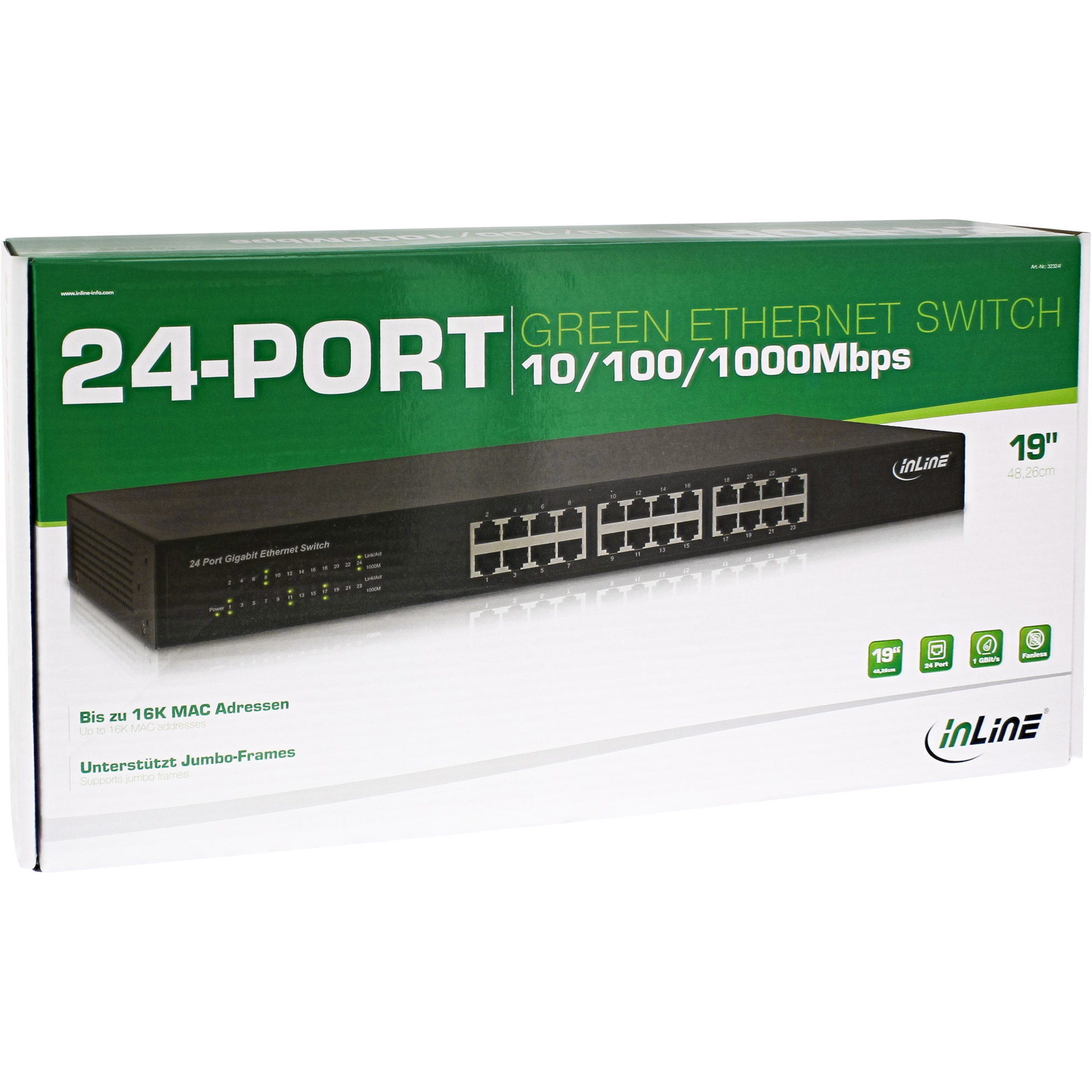 InLine® Gigabit Netzwerk Switch 24-Port, 1GBit/s, 48,26cm (19"), Metall, lüfterlos