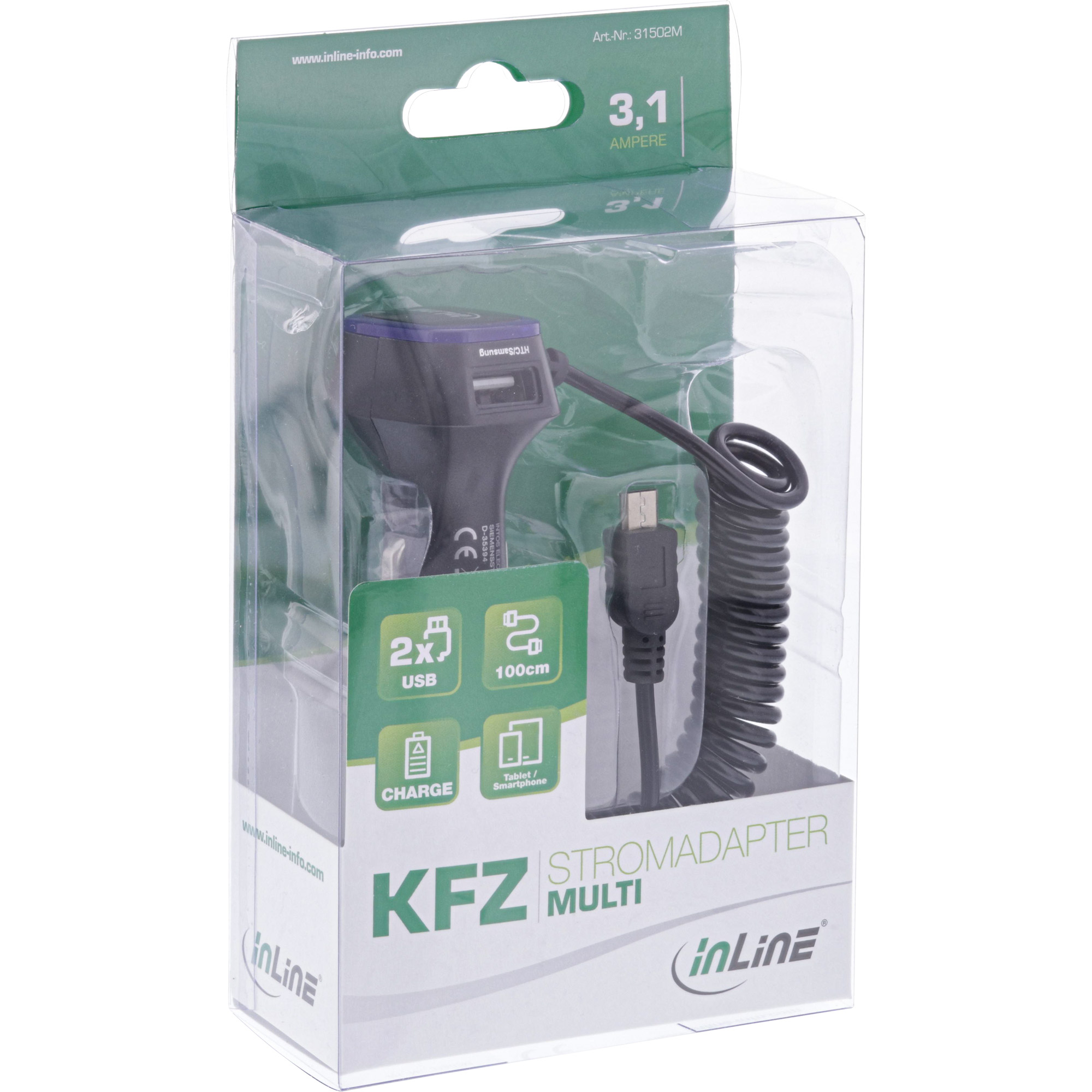 InLine® USB KFZ Ladegerät Stromadapter, 12/24VDC zu 5V / 3.1A , 2x USB A + Micro USB 5pin Stecker