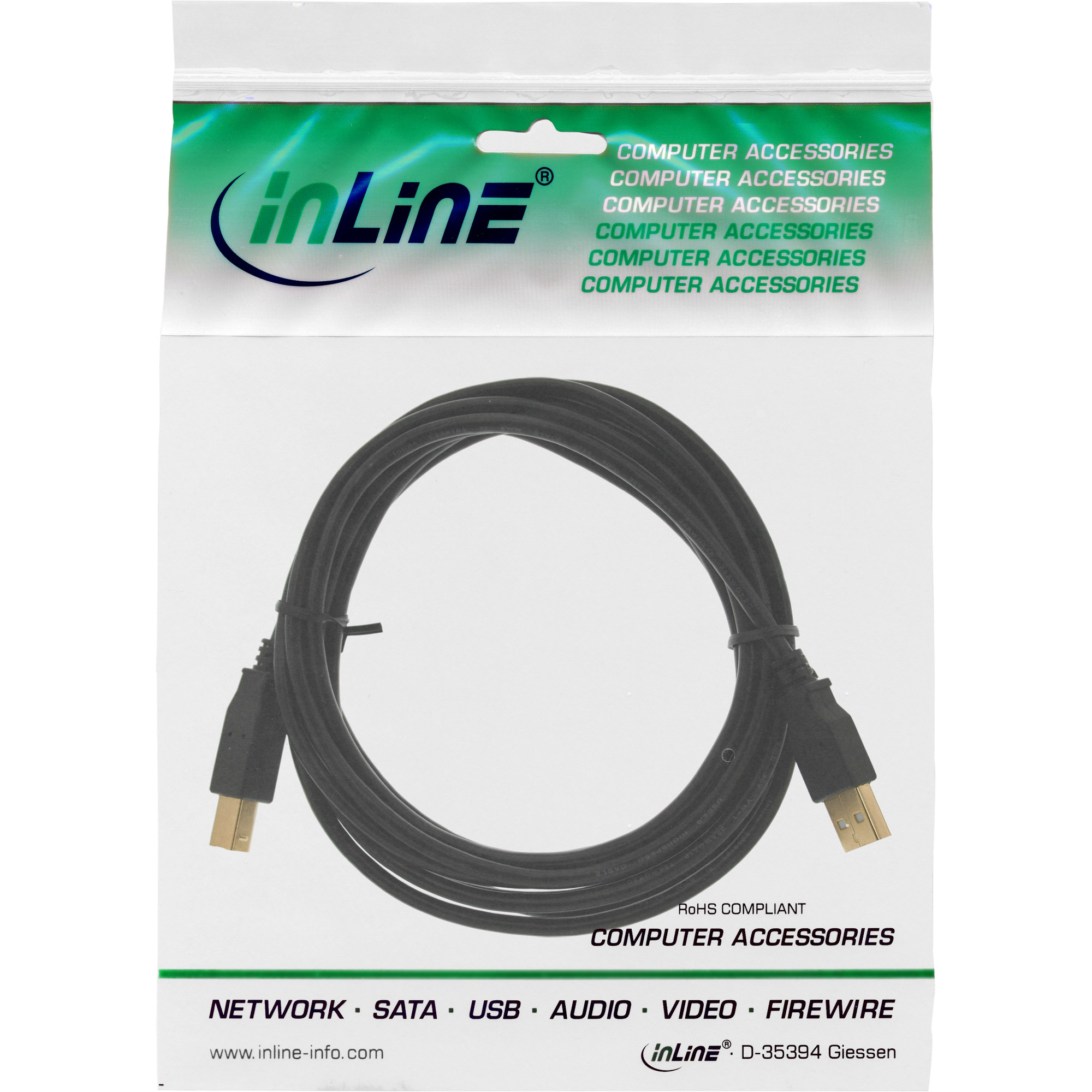 InLine® USB 2.0 Kabel, A an B, schwarz, Kontakte gold, 5m