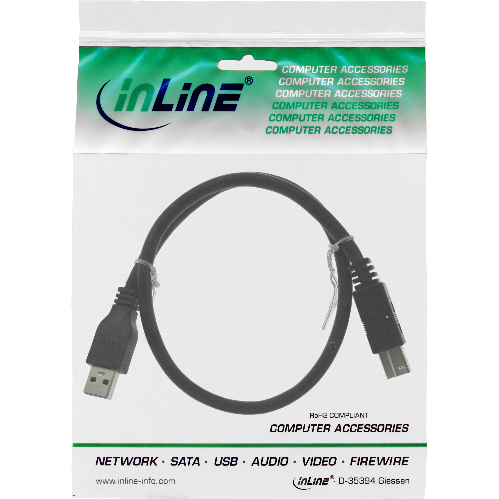 InLine® USB 3.0 Kabel, A an B, schwarz, 0,5m