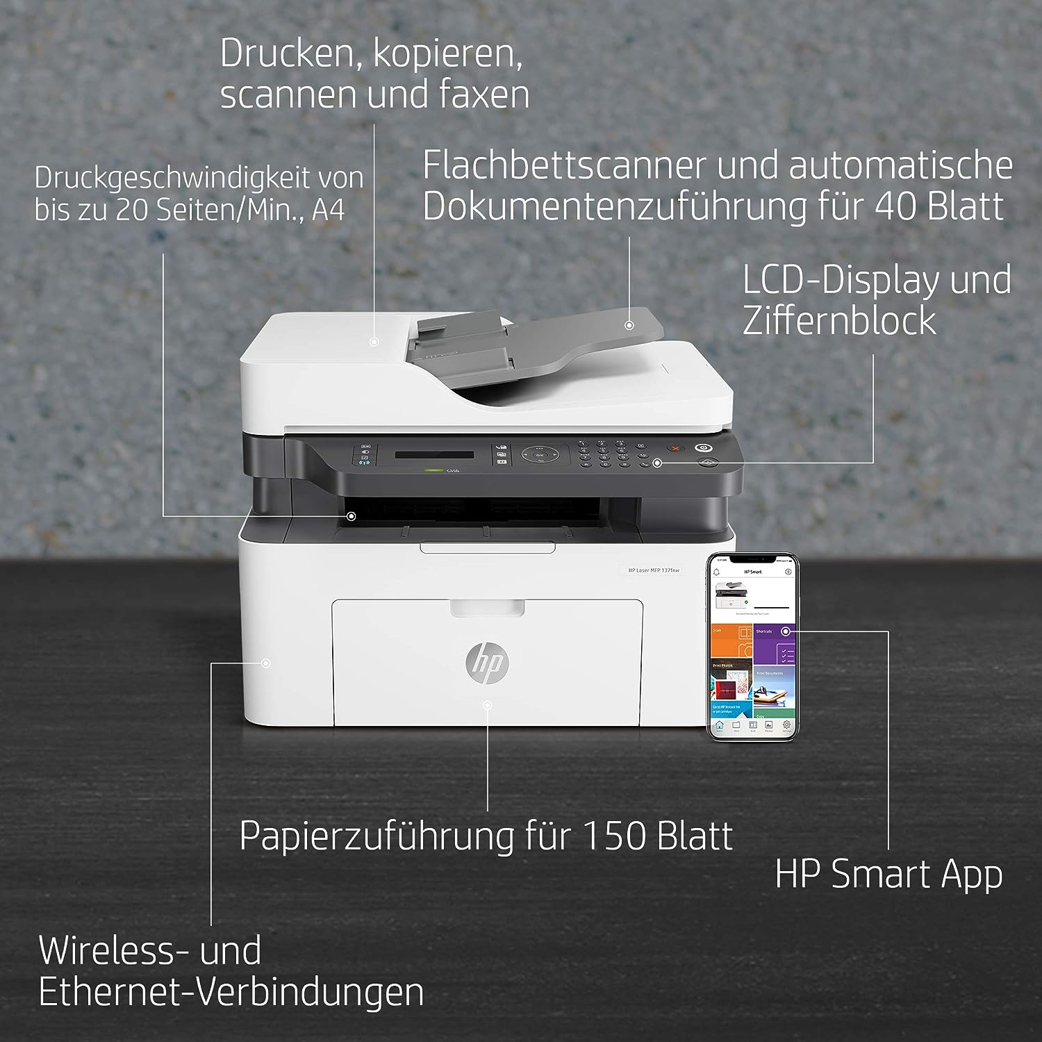 HP Laser 137fnw (3-in-1) - Laser- Multifunktionsdrucker (Laserdrucker, Kopierer, Scanner, Fax, WLAN)