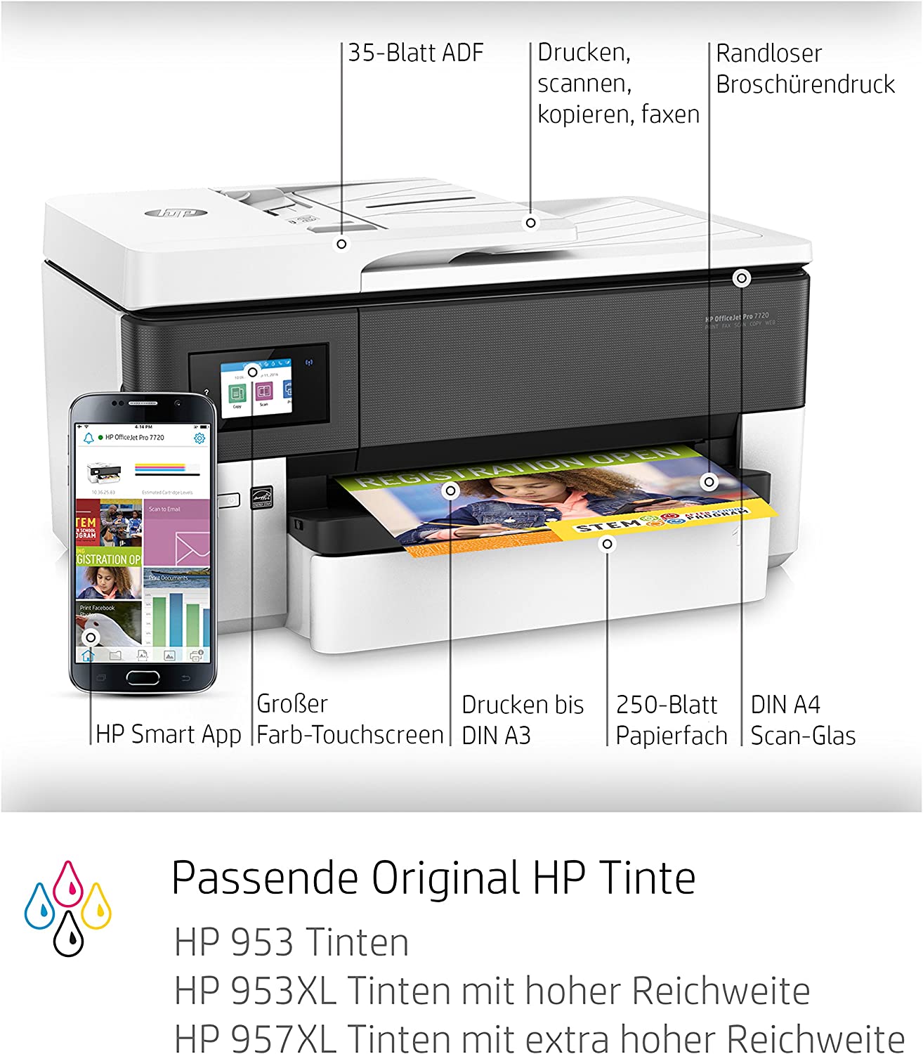 HP OfficeJet Pro 7720 - A3-Multifunktionsdrucker 4-in-1 (Drucker, Scanner, Kopierer, Fax, WLAN, Duplex, Airprint) Schwarz, weiß
