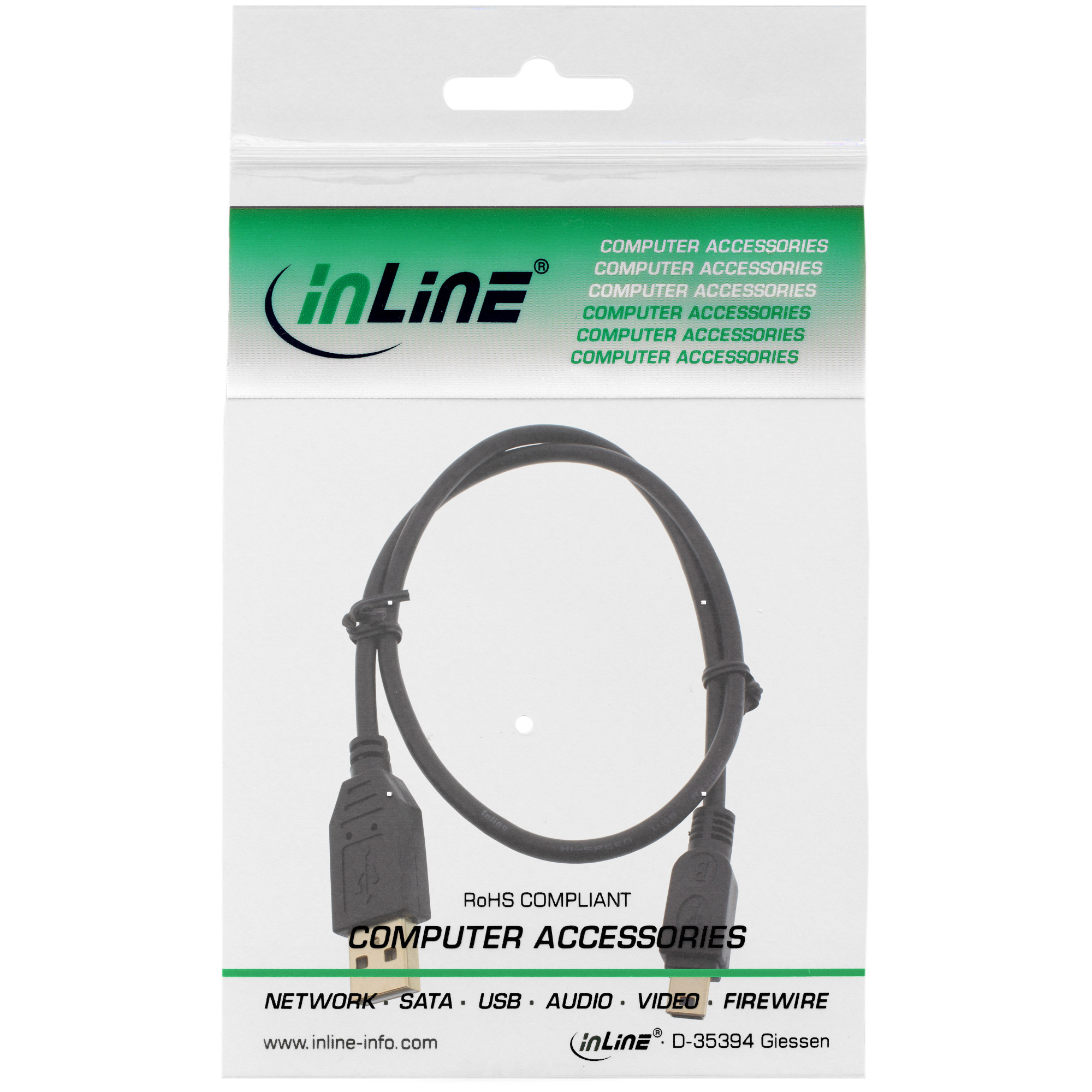 InLine® USB 2.0 Mini-Kabel, USB A Stecker an Mini-B Stecker (5pol.), schwarz, vergoldete Kontakte, 0,5m