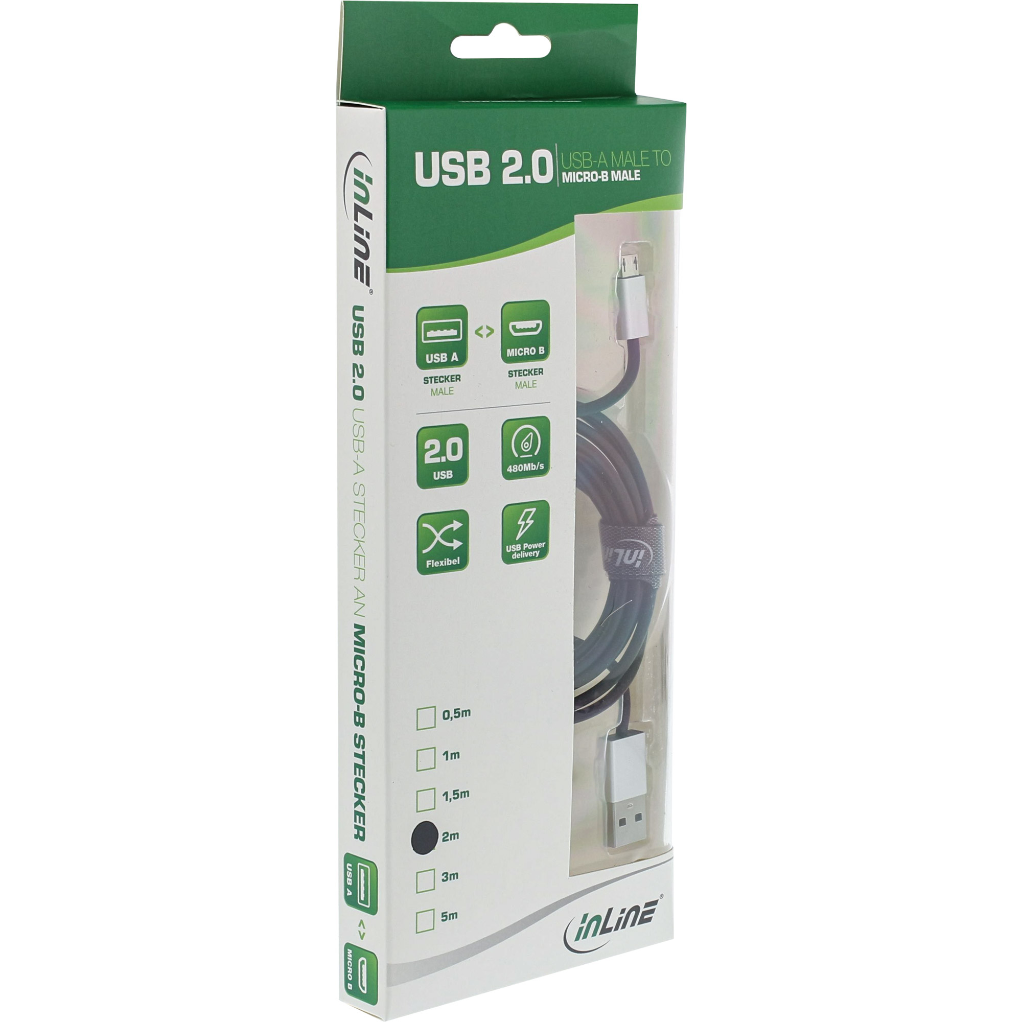 InLine® Micro-USB 2.0 Kabel, USB-A Stecker an Micro-B Stecker, schwarz/Alu, flexibel, 0,5m