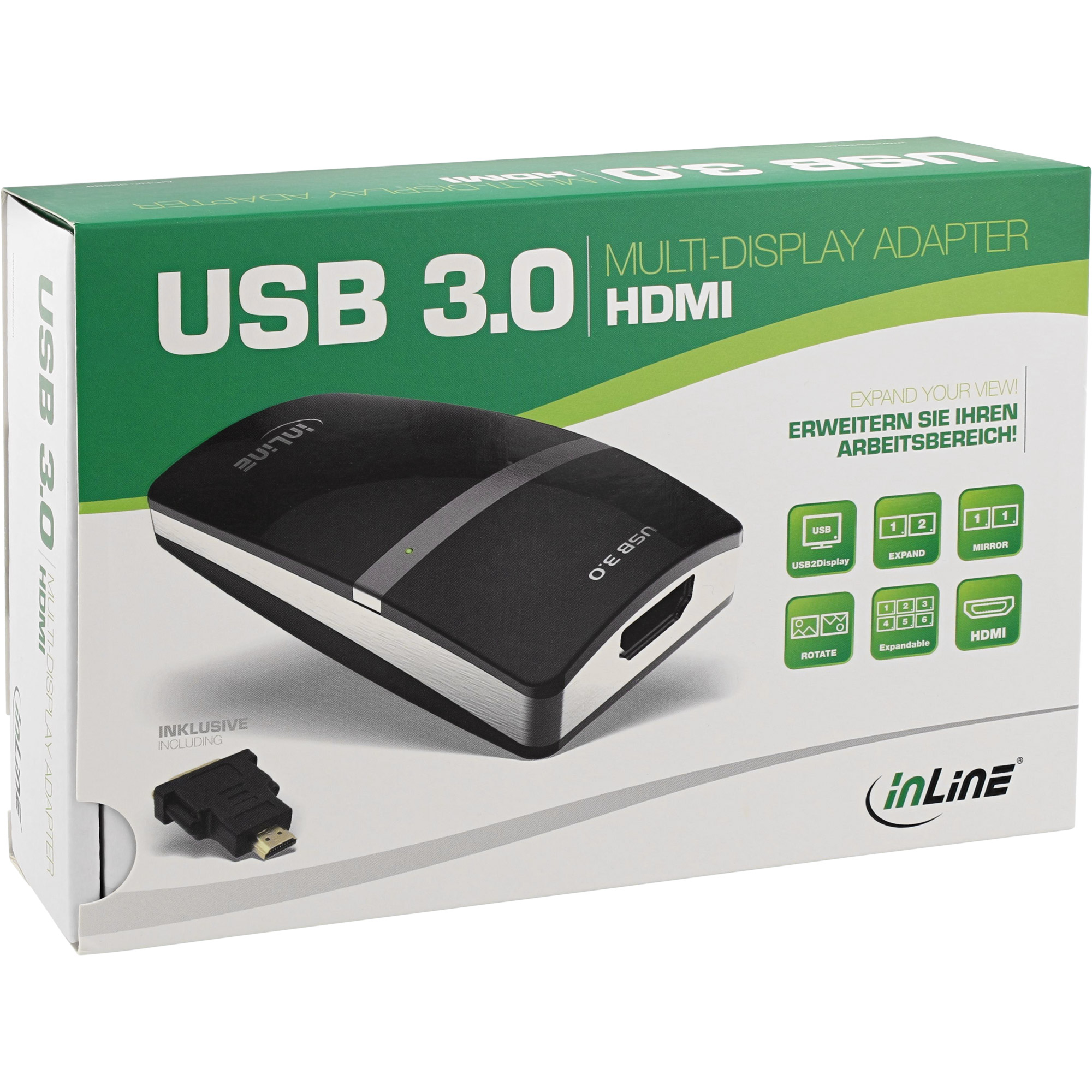 InLine® USB Grafikkarte, USB 3.0 zu HDMI, mit HDMI zu DVI Adapter, max 2048x1152