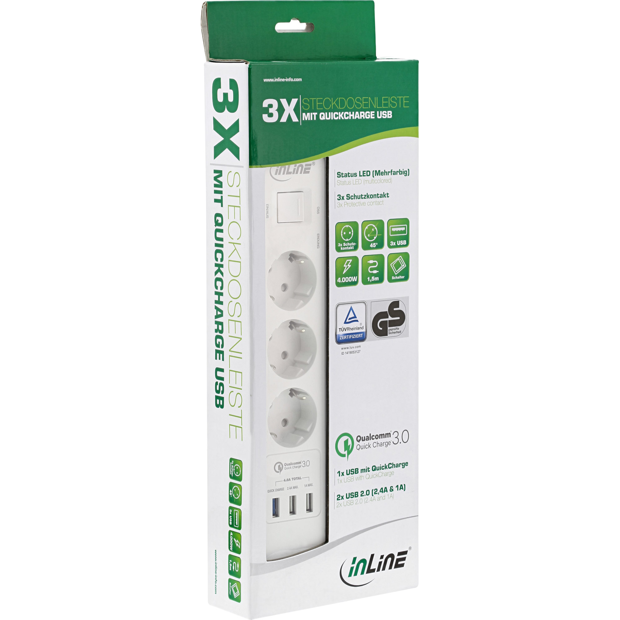 InLine® Steckdosenleiste, 3-fach Schutzkontakt, Überspannungsschutz und QuickCharge USB, mit Schalter, 1,5m, weiß