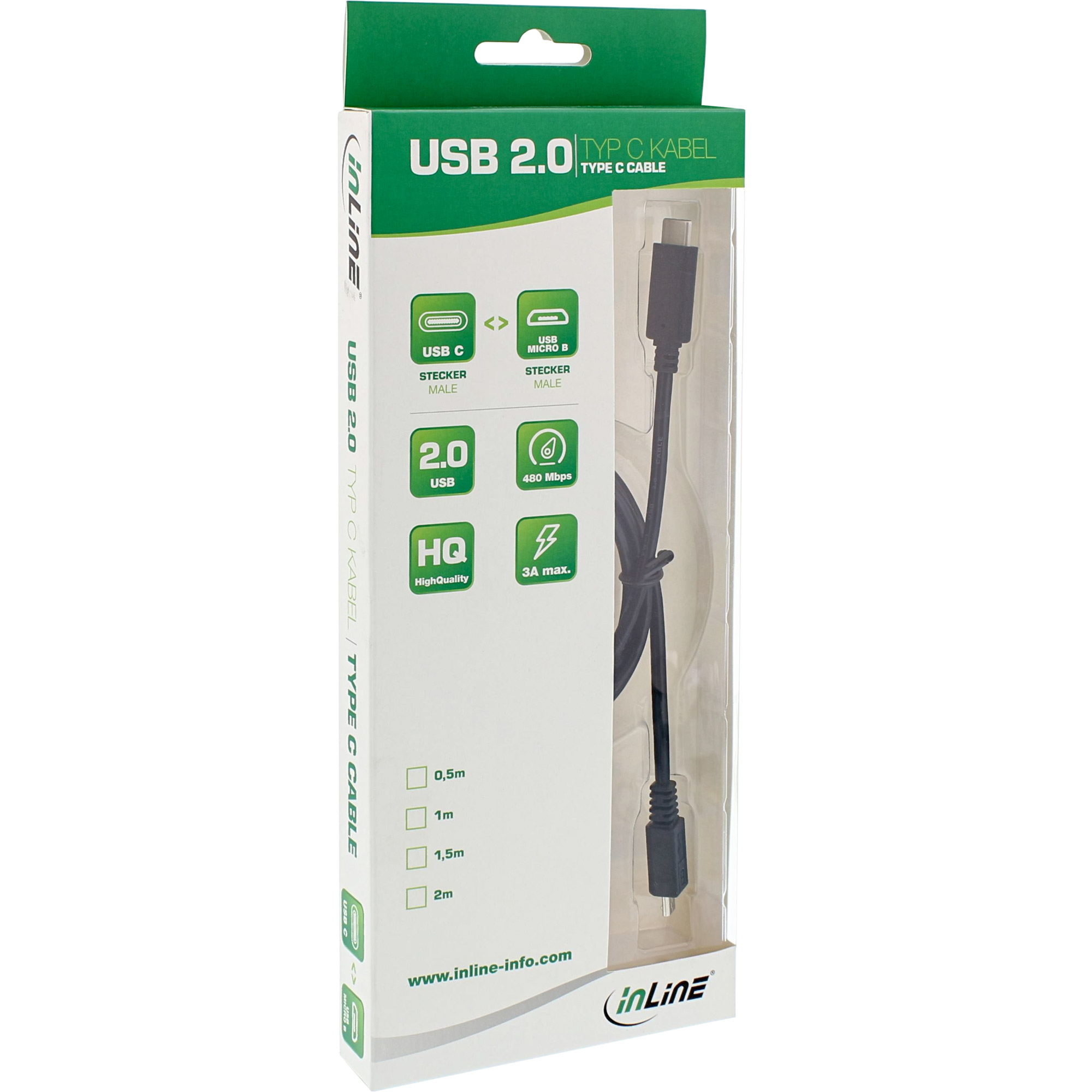 InLine® USB 2.0 Kabel, Typ C Stecker an Micro-B Stecker, schwarz, 1m