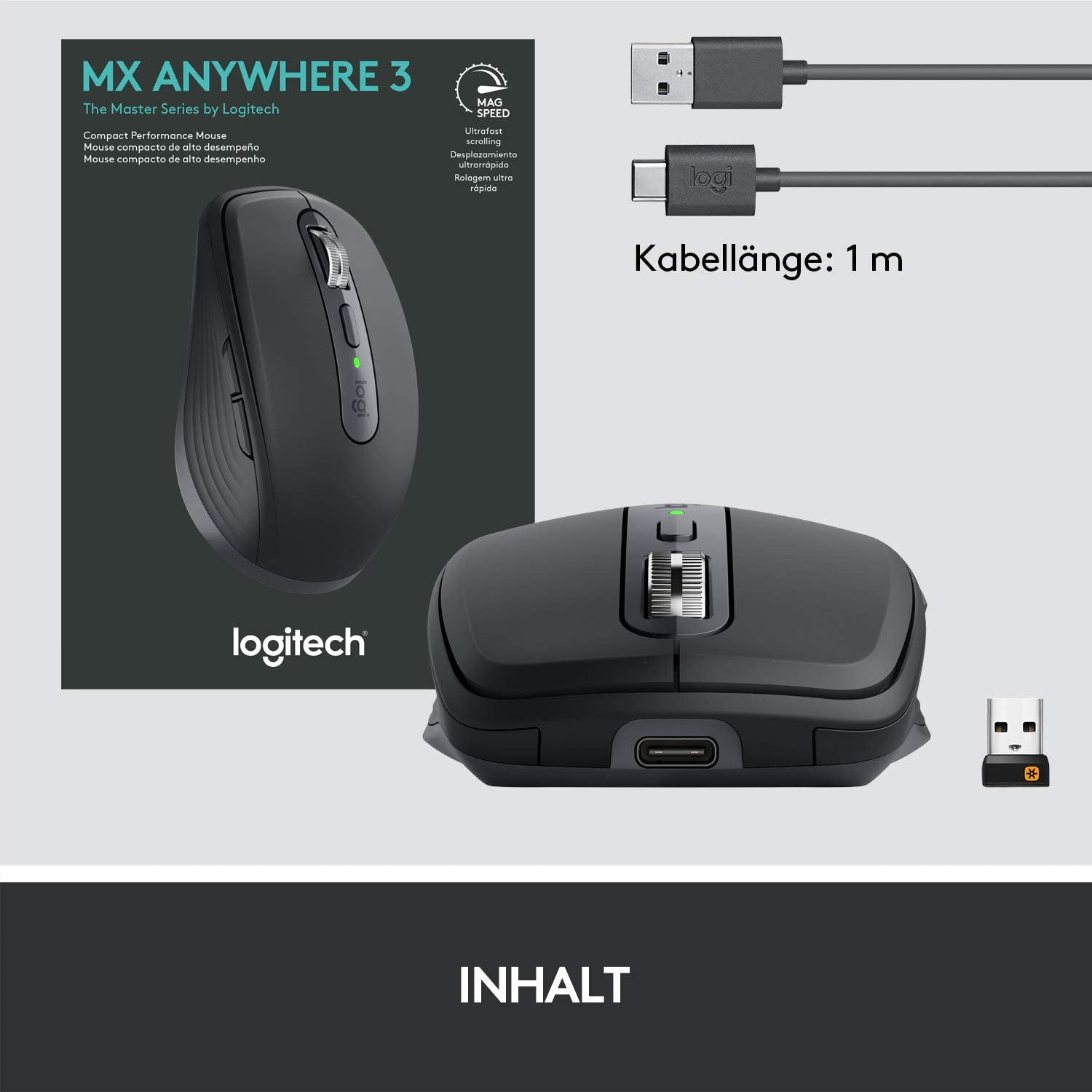 Logitech MX Anywhere 3 - kompakte, leistungsstarke Maus, Kabellos, Magnetisches Scrollen, ergonomisch, anpassbare Tasten, USB-C, Bluetooth