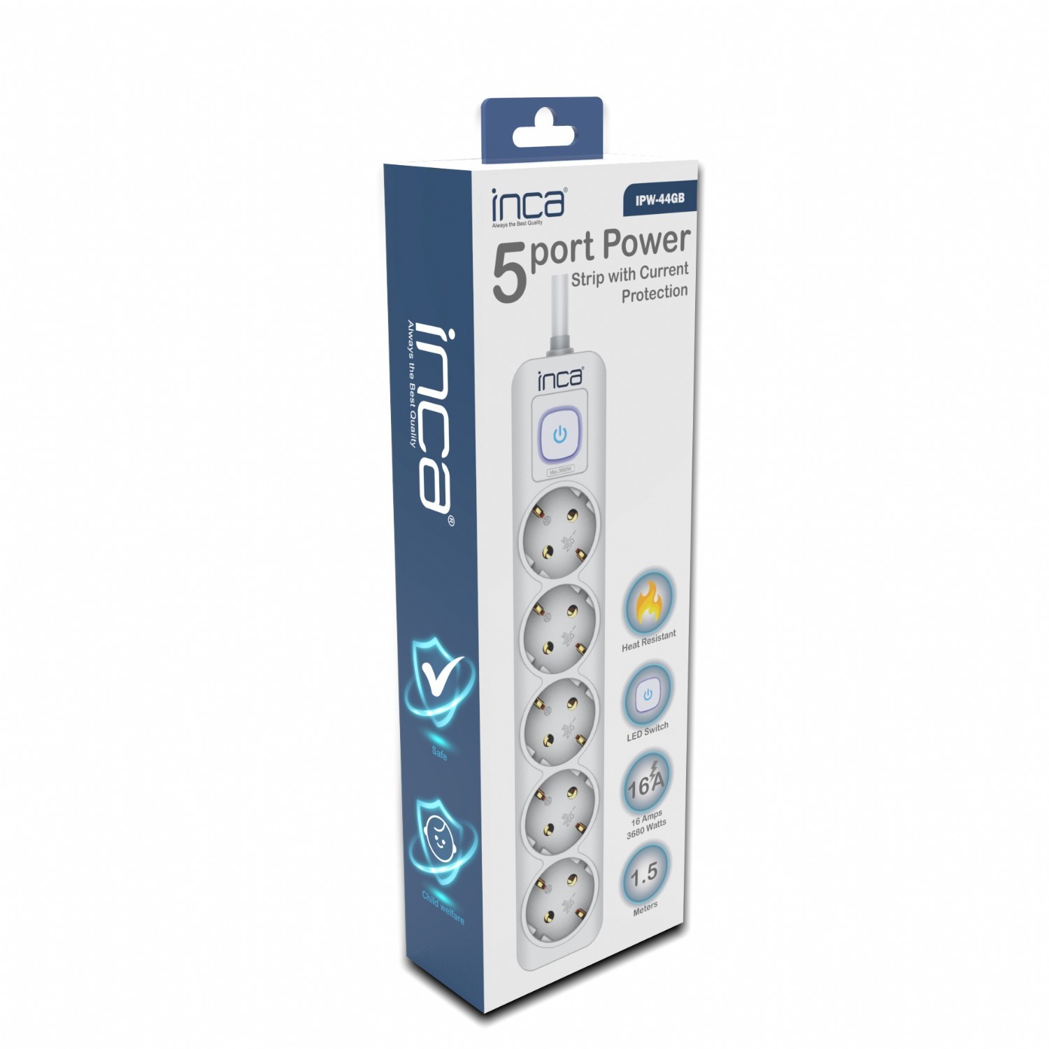 INCA Steckdosenleiste (IPW-44GB) 5fach, LED Anz. Weiß 1,5m