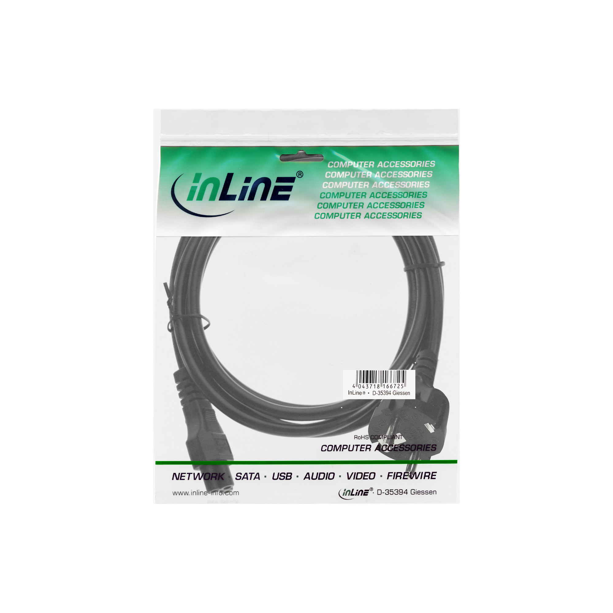 InLine® Netzkabel für Notebook, 3pol Kupplung, schwarz, 3m