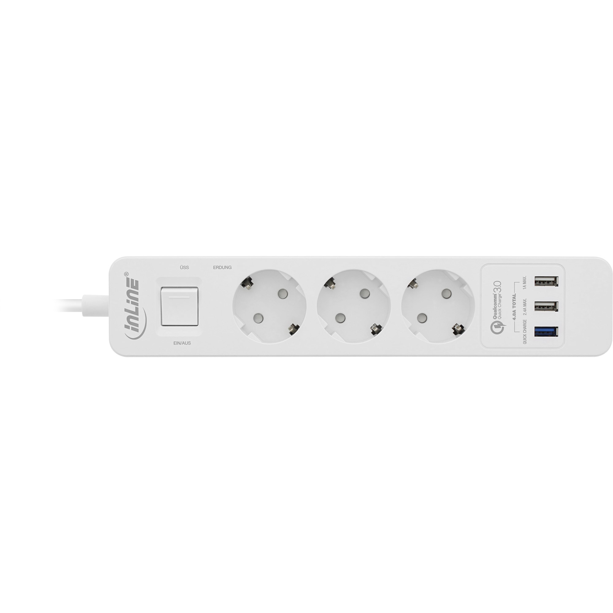 InLine® Steckdosenleiste, 3-fach Schutzkontakt, Überspannungsschutz und  QuickCharge USB, mit Schalter, 1,5m, weiß