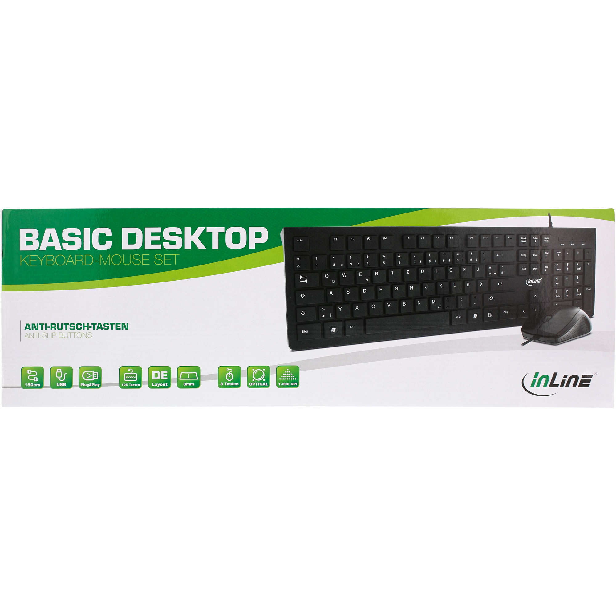InLine® Basic Desktop, Tastatur-Maus Set, USB-Kabel, Standard DE Layout, optisch 1200dpi, schwarz
