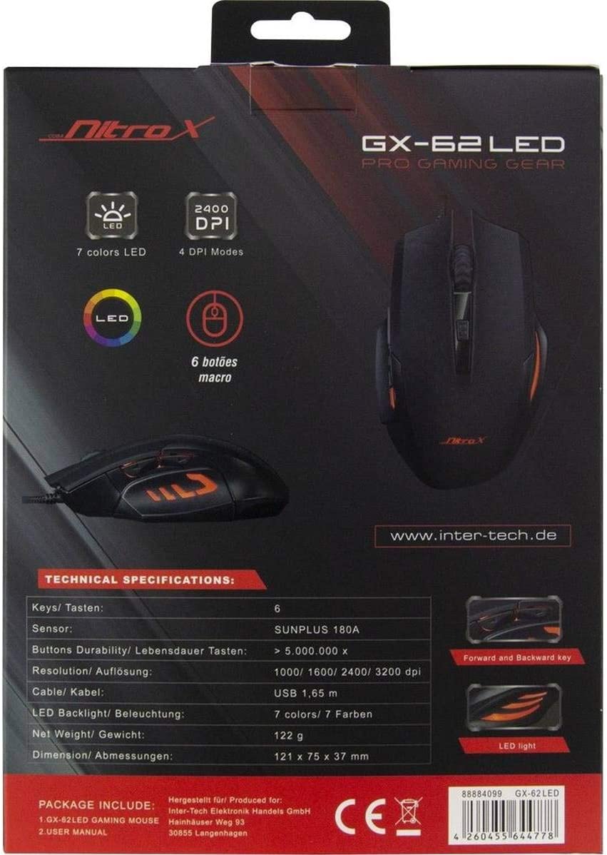 Inter-Tech Gaming-Maus GX-62 LED 3200 DPI schwarz, Kabelgebunden USB