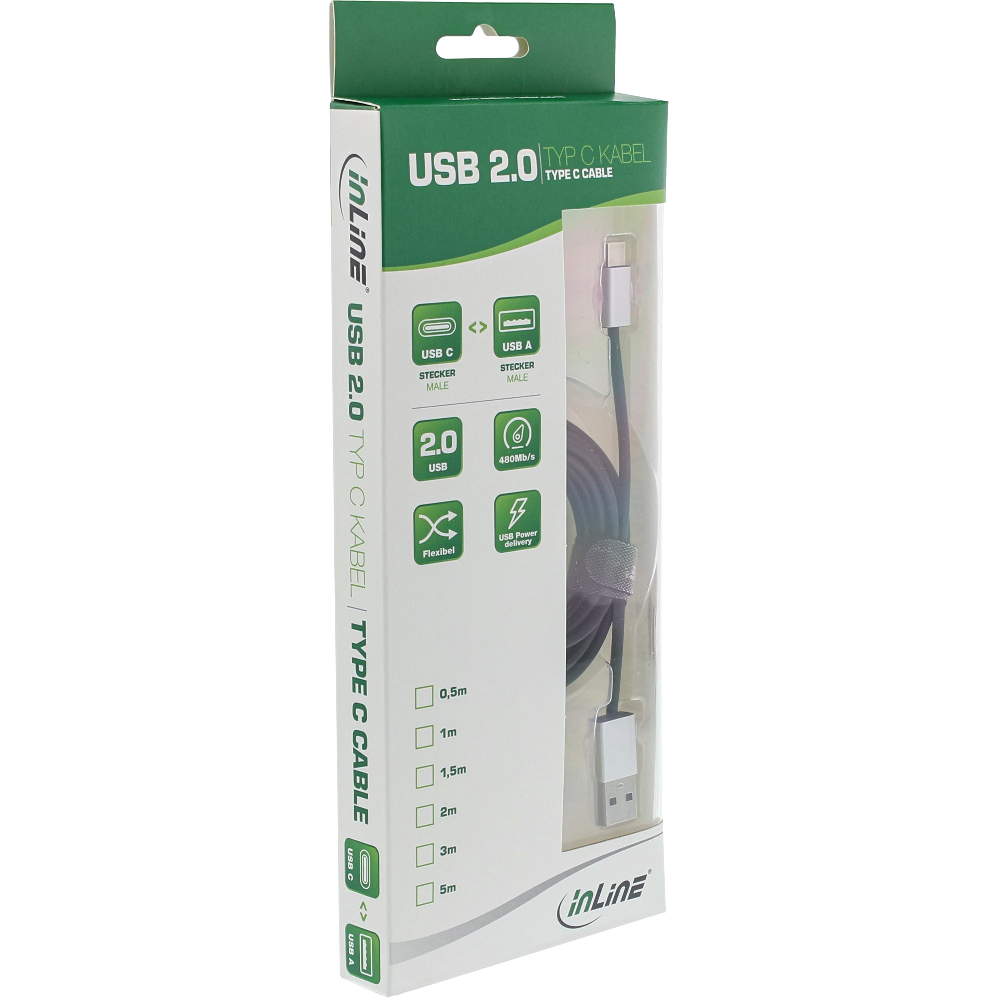 InLine® USB 2.0 Kabel, Typ C Stecker an A Stecker, schwarz/Alu, flexibel, 2m