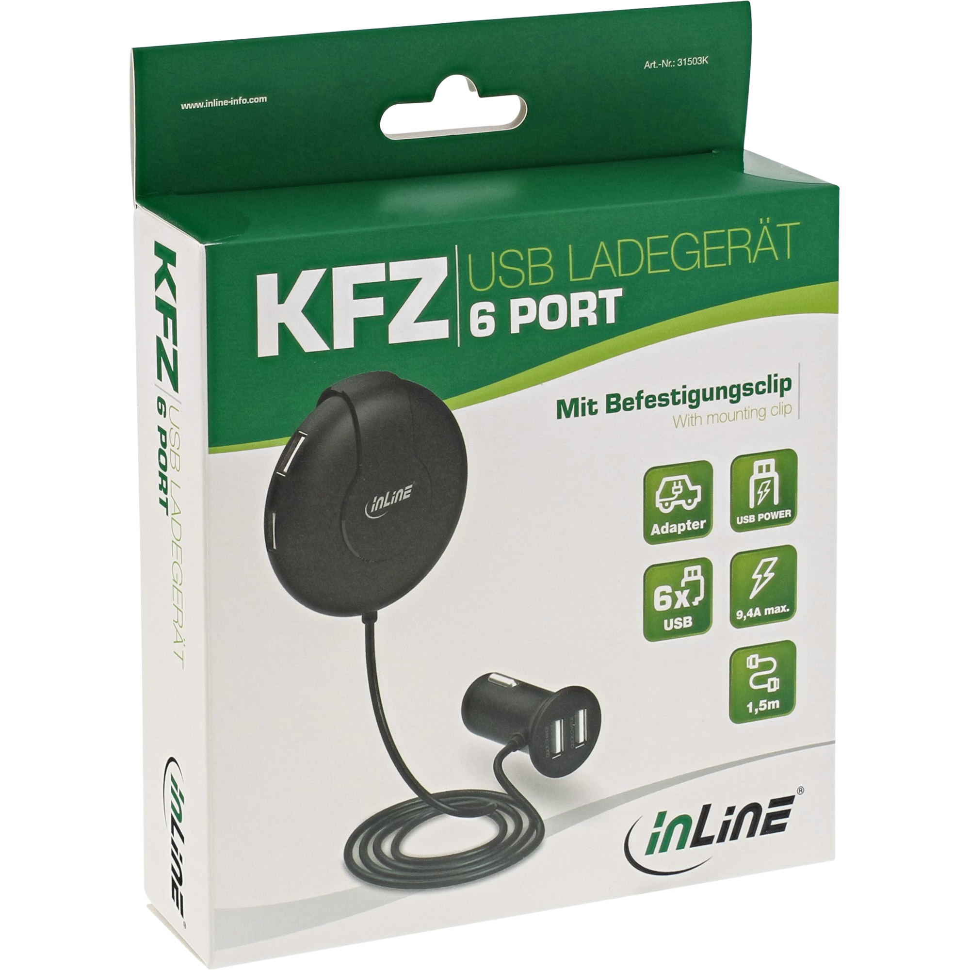 InLine® USB KFZ Ladegerät Stromadapter, 12/24V zu 5V DC/9,4A, mit 1,5m Kabel