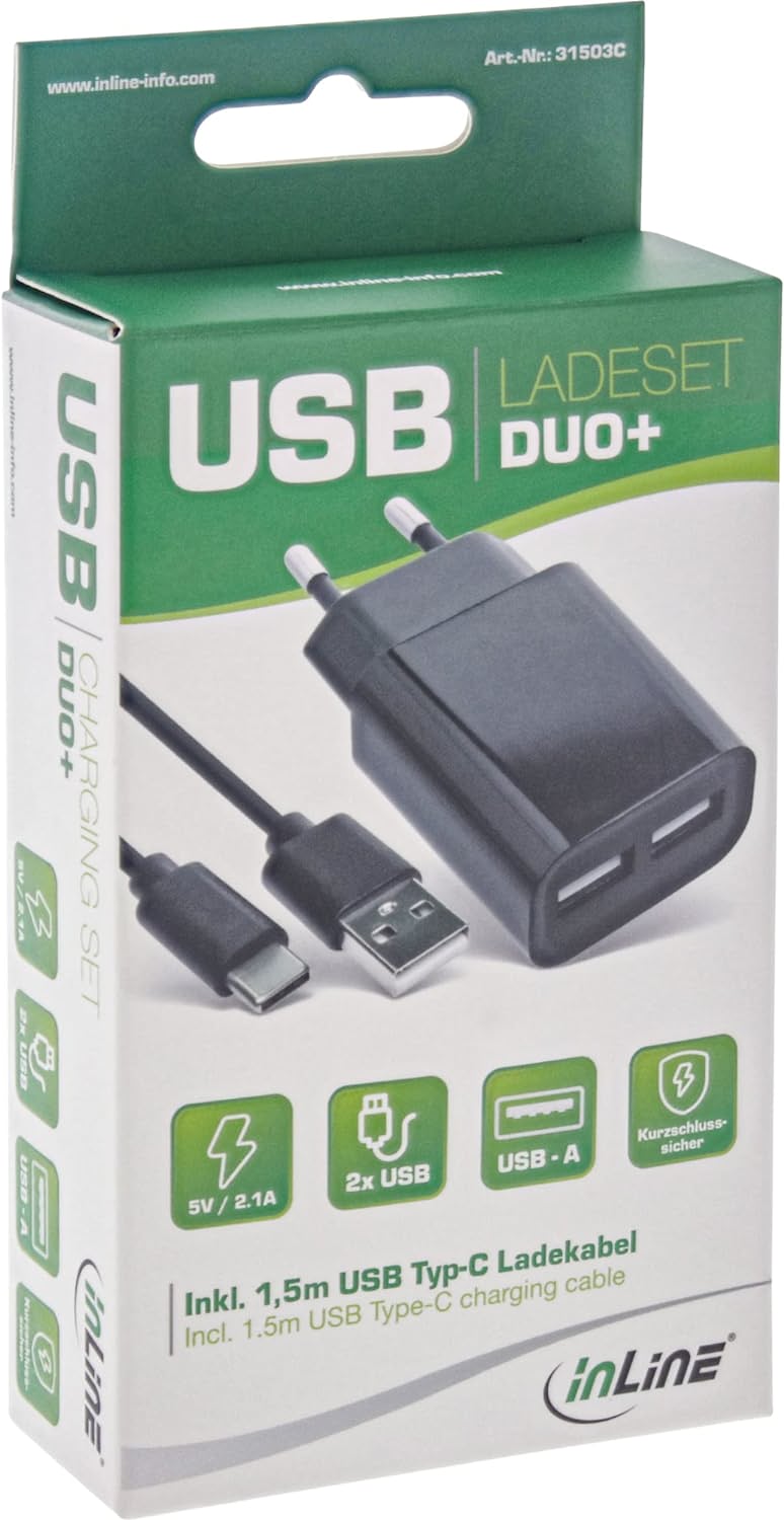 InLine® USB DUO+ Ladeset, Netzteil 2-fach + USB Typ-C Kabel, Ladegerät, Stromadapter, 100-240V zu 5V/2.1A, schwarz