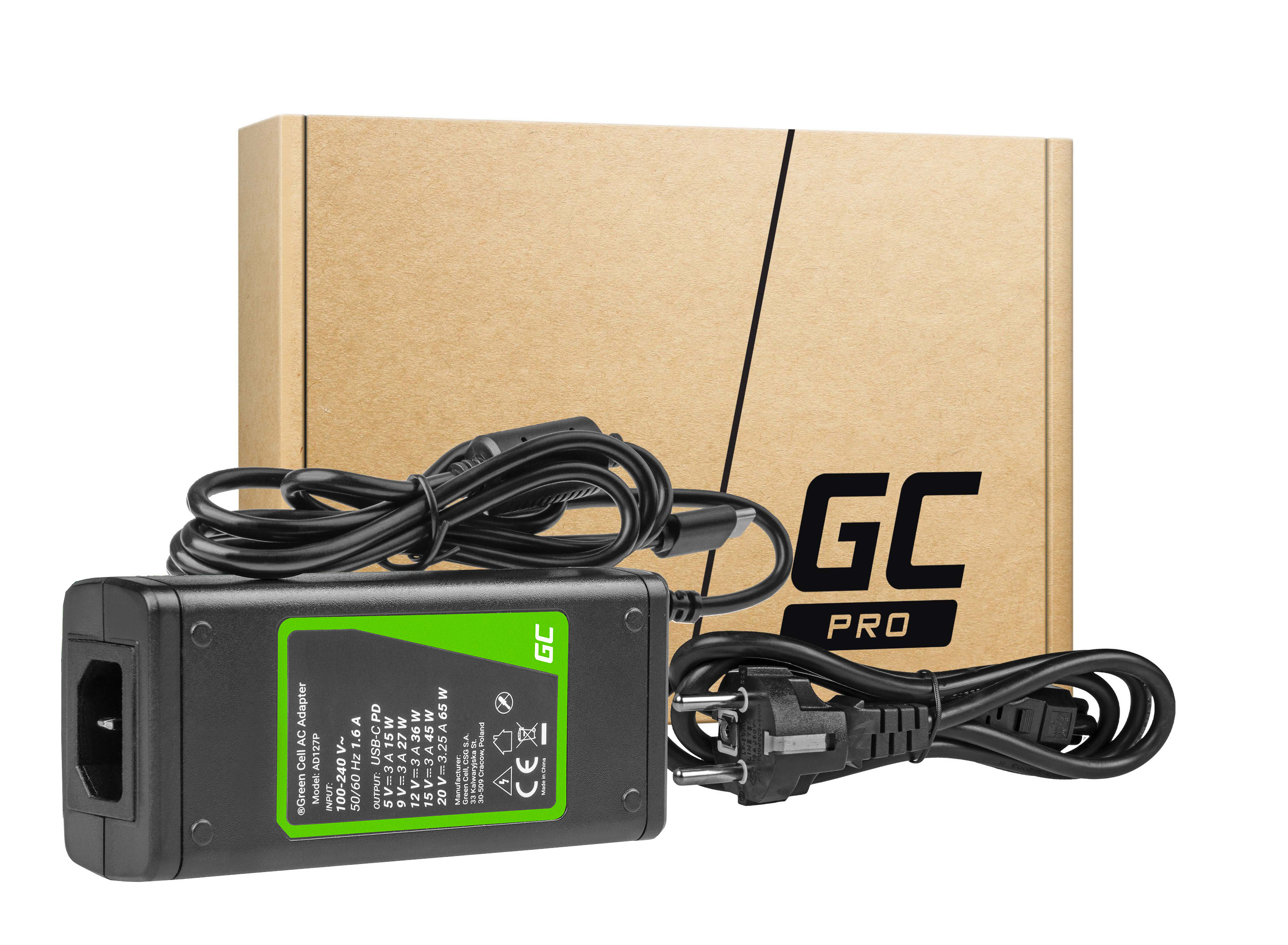 Netzteil Ladegerät Green Cell (AD129P) - USB-C 65W für Laptops, Tablets, Telefone