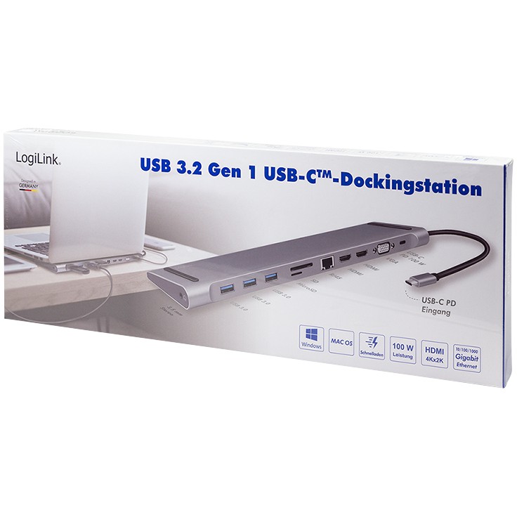 LogiLink Dockingstation UNIVERSAL - USB-C Eigang 11Port 3x USB3.2 USB-C 2x HDMI VGA AUX RJ45 Silver
