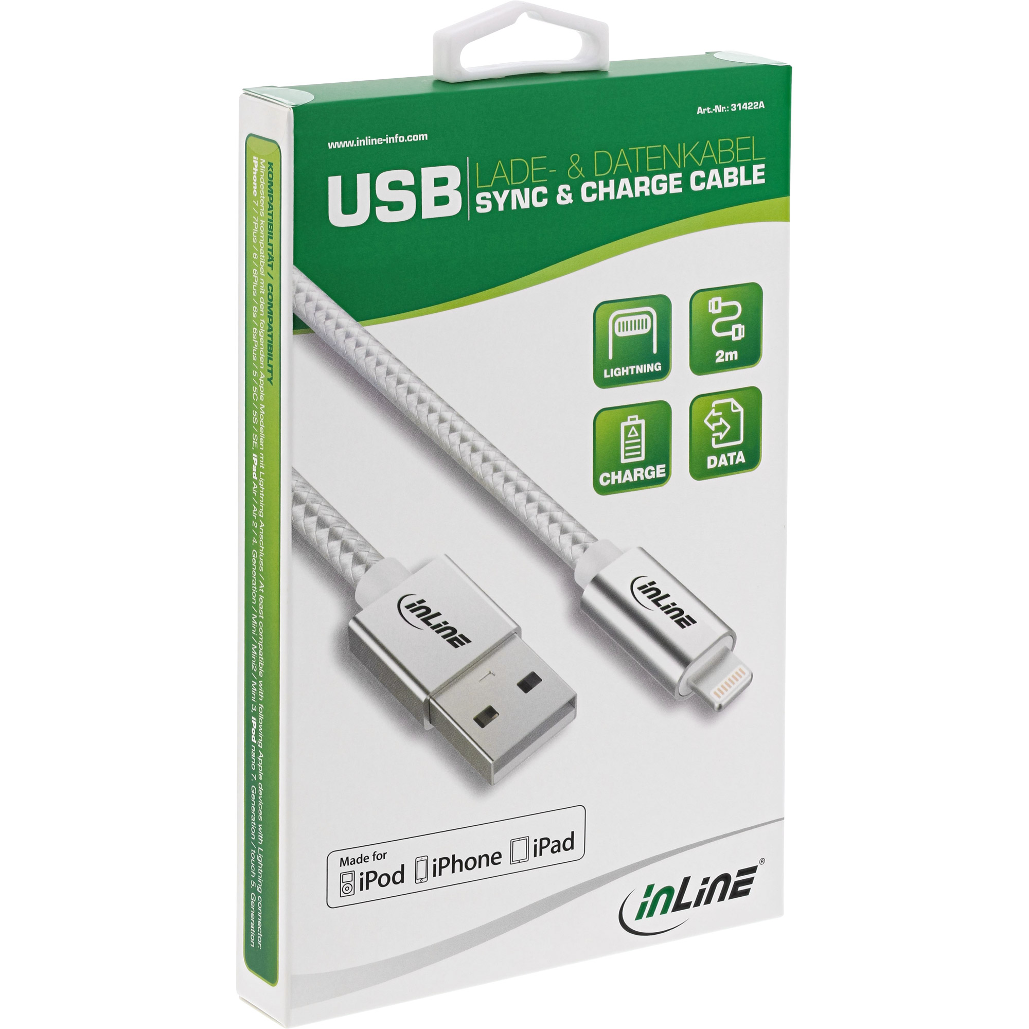 InLine® Lightning USB Kabel, für iPad, iPhone, iPod, silber/Alu, 2m MFi-zertifiziert
