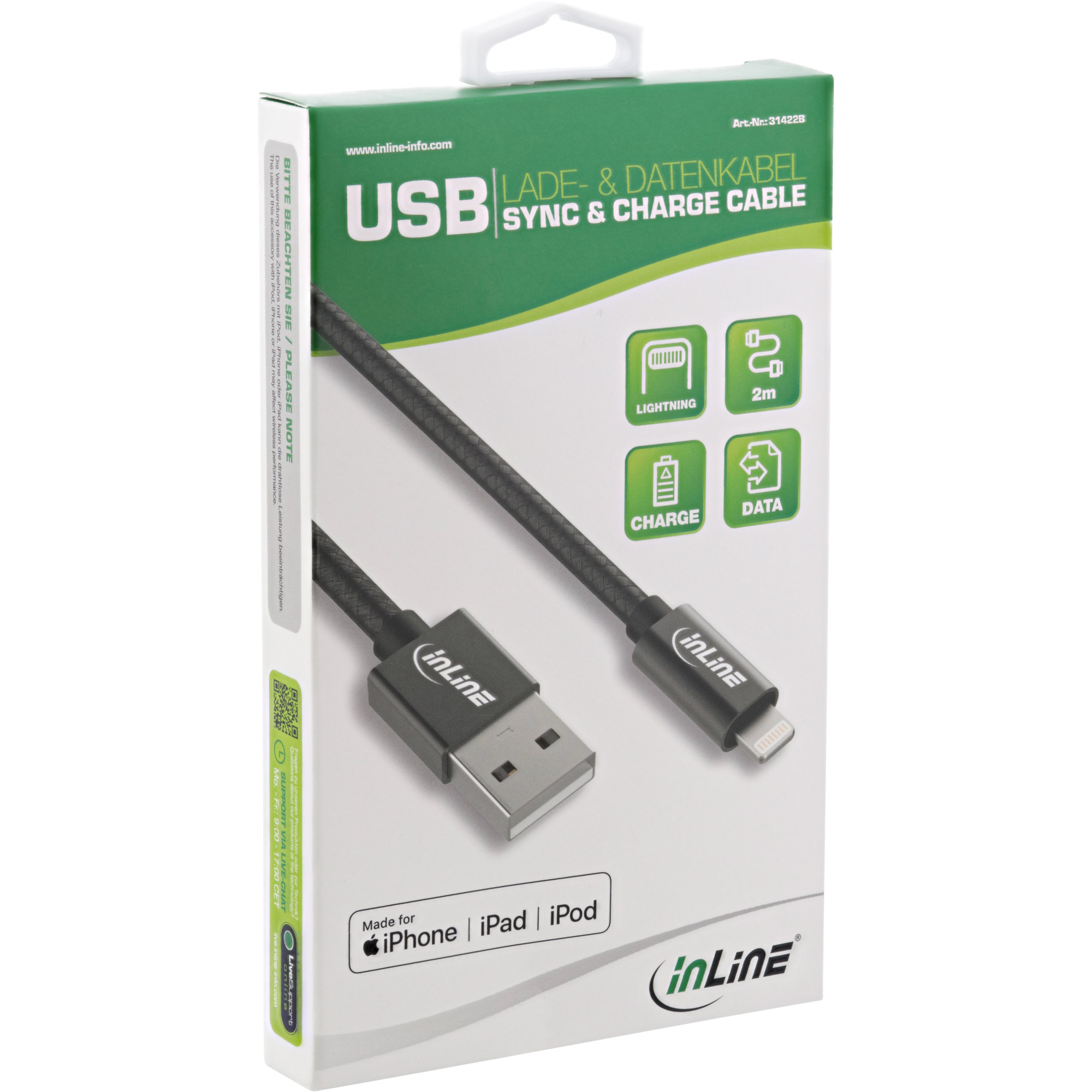 InLine® Lightning USB Kabel, für iPad, iPhone, iPod, schwarz/Alu, 2m MFi-zertifiziert