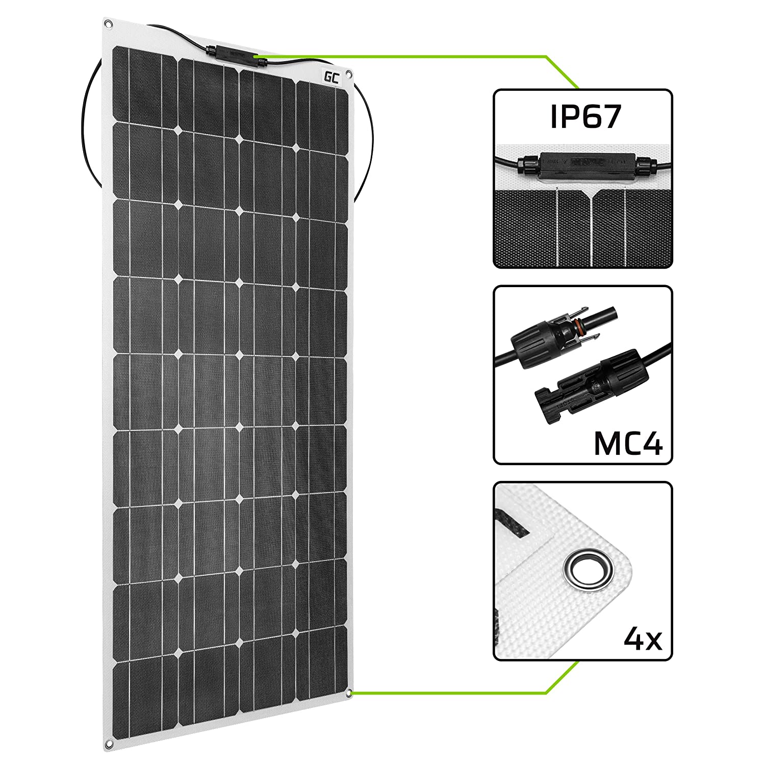 Flexibles Solarmodul Green Cell (PPV02) Solar Panel / Monokristallines Solarmodul / 100W / 12V 18V / ETFE / MC4