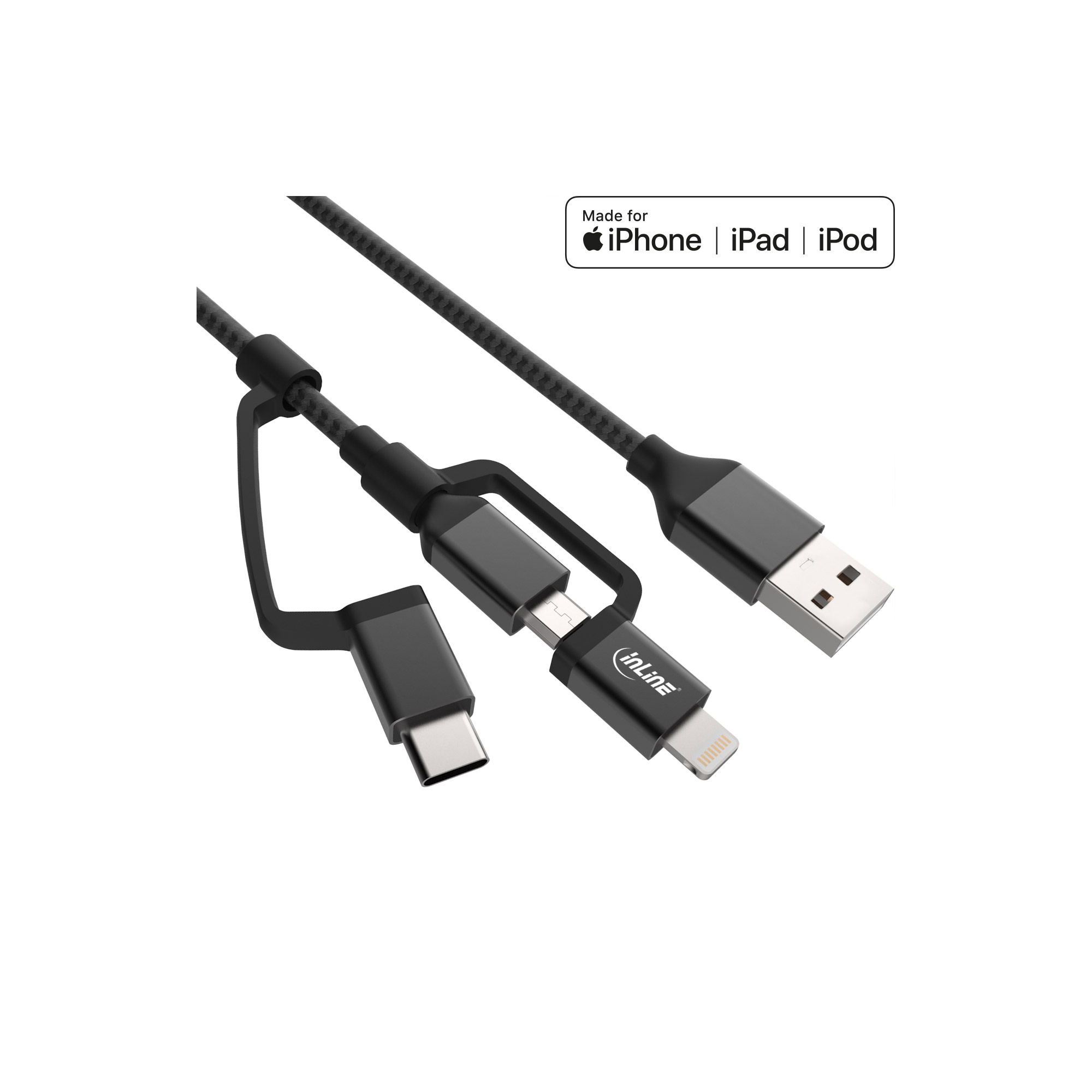 InLine® 3-in1 USB Kabel, Micro-USB, Lightning, USB Typ-C, schwarz/Alu, 1,5m MFi-zertifiziert