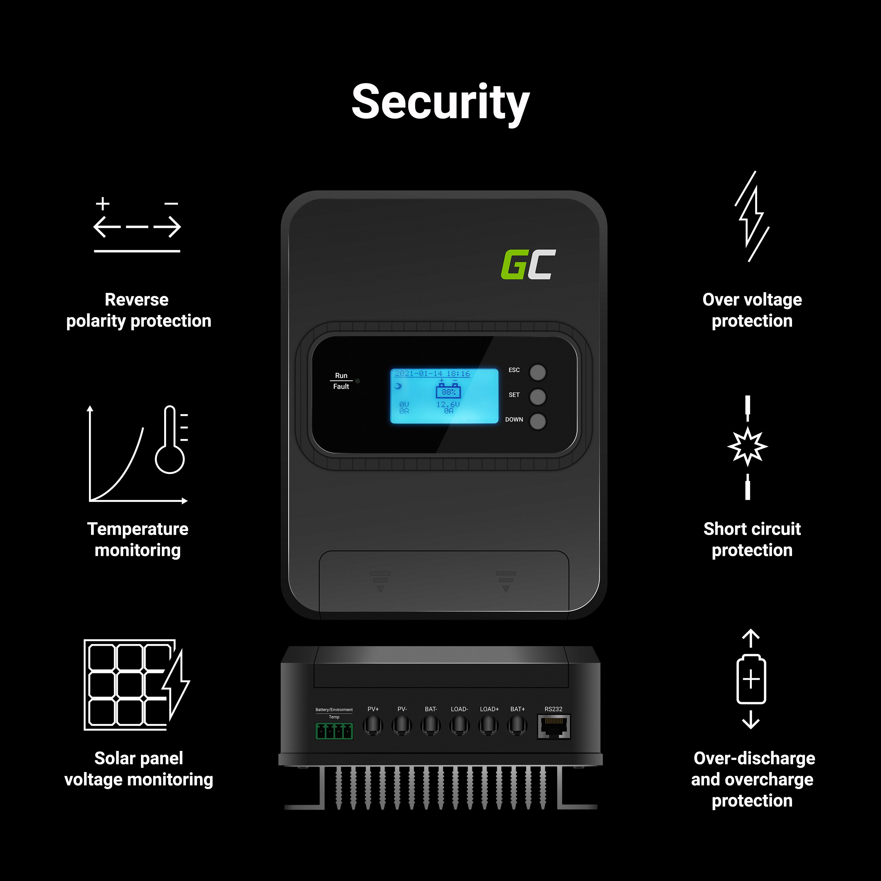 Green Cell Solarregler (CNT01) Laderegler MPPT 30A für System 12V / 24V / 36V / 48V - PV 145V (VOC)